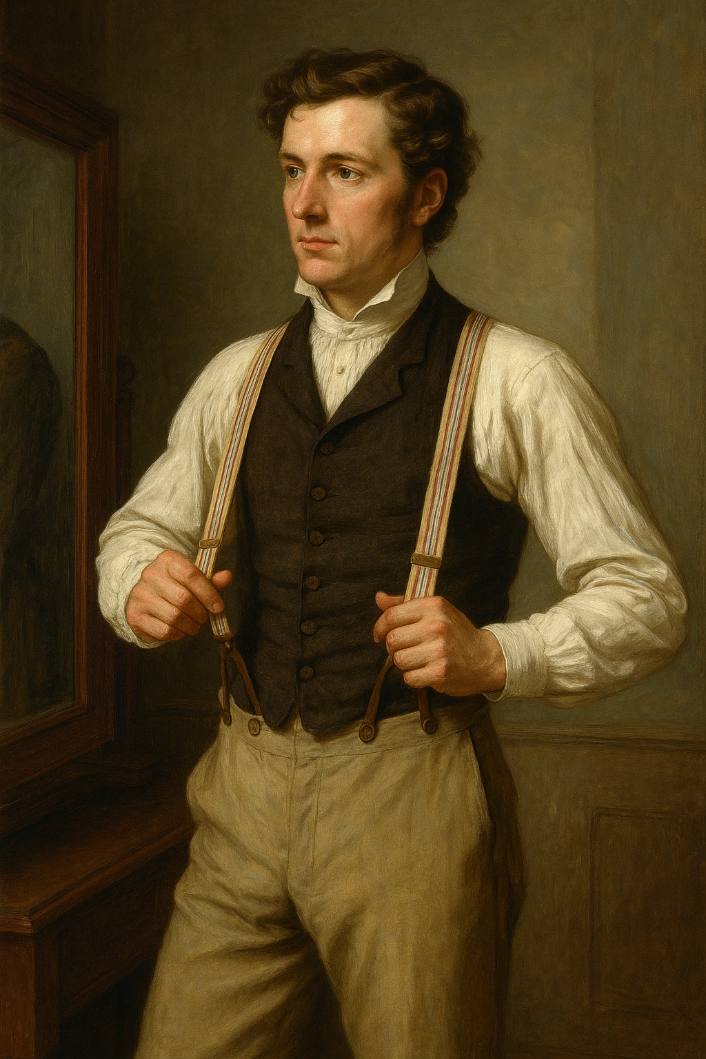 Historisches Gemälde eines Mannes im 19. Jahrhundert, der Hosenträger trägt – elegante Herrenmode mit Weste, Hemd und gestreiften Trägern vor einem Spiegel.